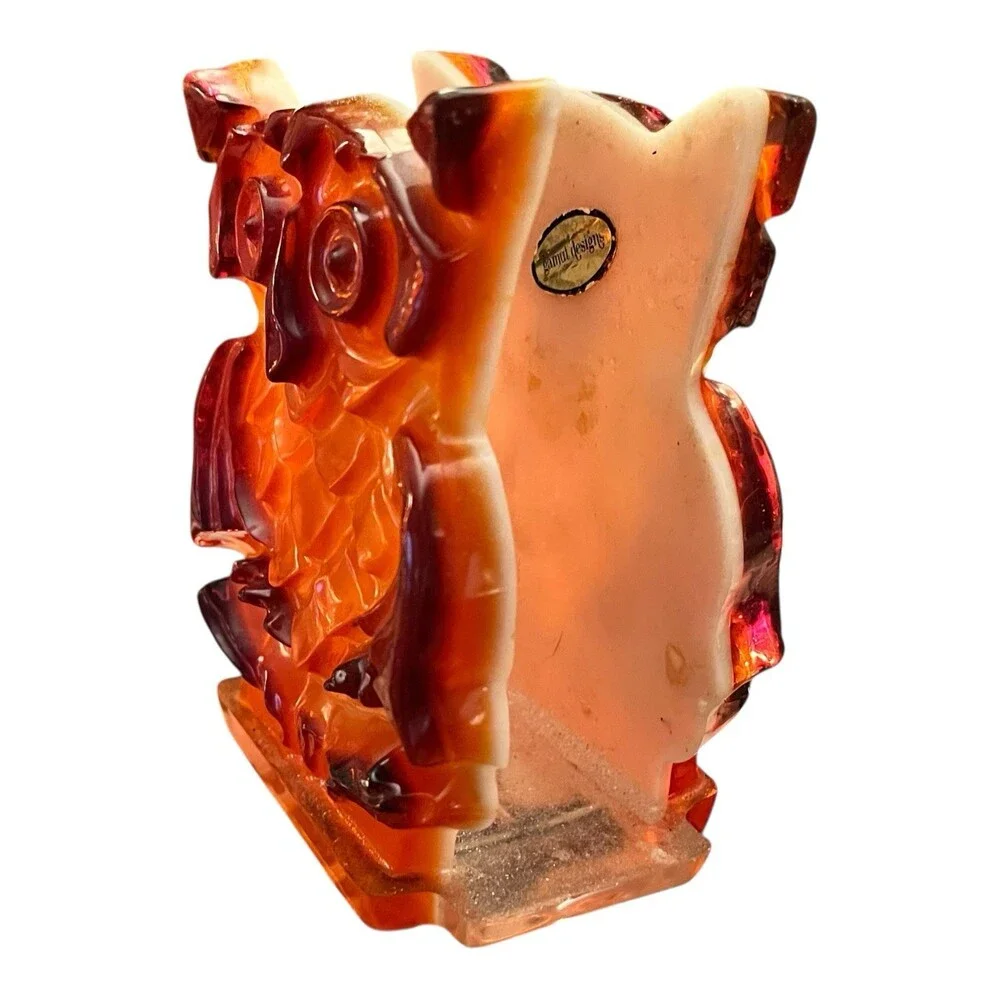VTG Resin Lucite Hoot Owl Napkin Holder Amber Slag Acrylic MCM 5